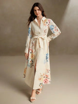 Elegant LinenLike Printed Tie Waist Floral Midi Dress Spring Outfit For Women