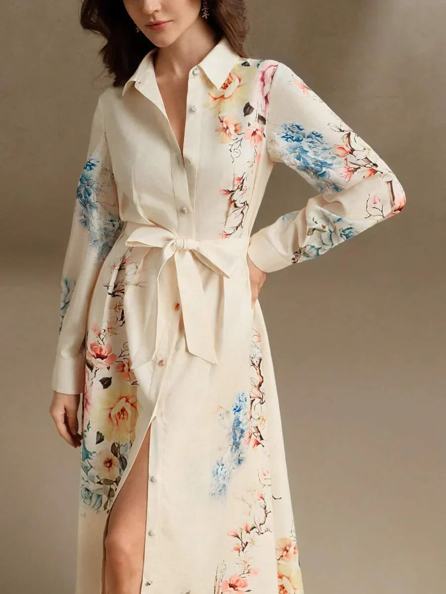 Elegant LinenLike Printed Tie Waist Floral Midi Dress Spring Outfit For Women