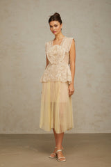 Elegant neutral midi dress with floral lace panels and tulle fabric named Celeste
