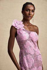 Elegant purple maxi dress with delicate floral applique detailing