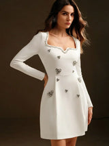 Elegant Rhinestone Heart Decorated White Short Sleeve Mini Dress Autumn