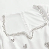 Elegant Rhinestone Heart Decorated White Short Sleeve Mini Dress Autumn