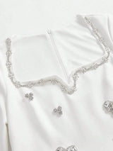 Elegant Rhinestone Heart Decorated White Short Sleeve Mini Dress Autumn