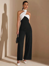 Elegant Womens Black And White Asymmetric Collar Oblique Shoulder Wide Leg Jumpsuit Suitable For