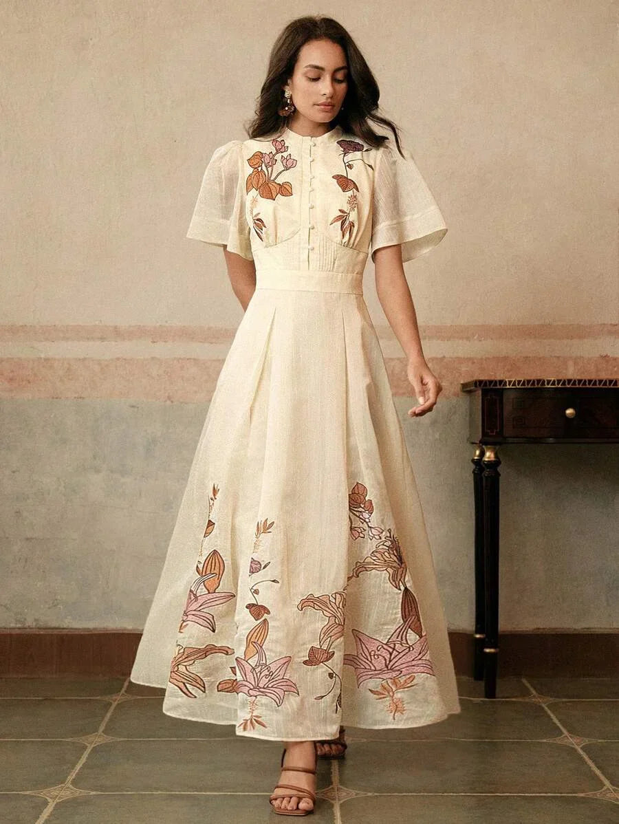 Elegant Womens Floral Embroidered ALine Dress Apricot Color Suitable For Banquet Date Festival