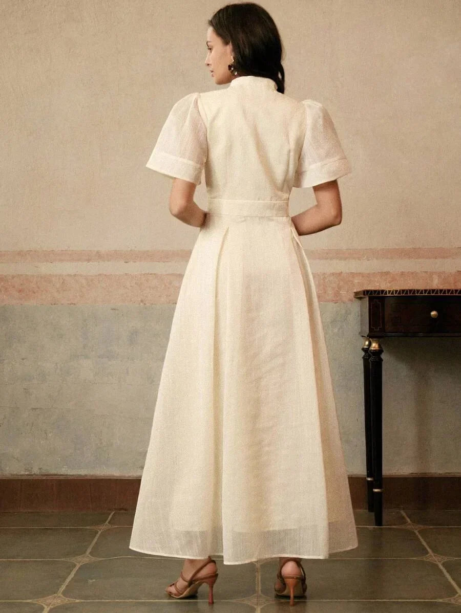 Elegant Womens Floral Embroidered ALine Dress Apricot Color Suitable For Banquet Date Festival