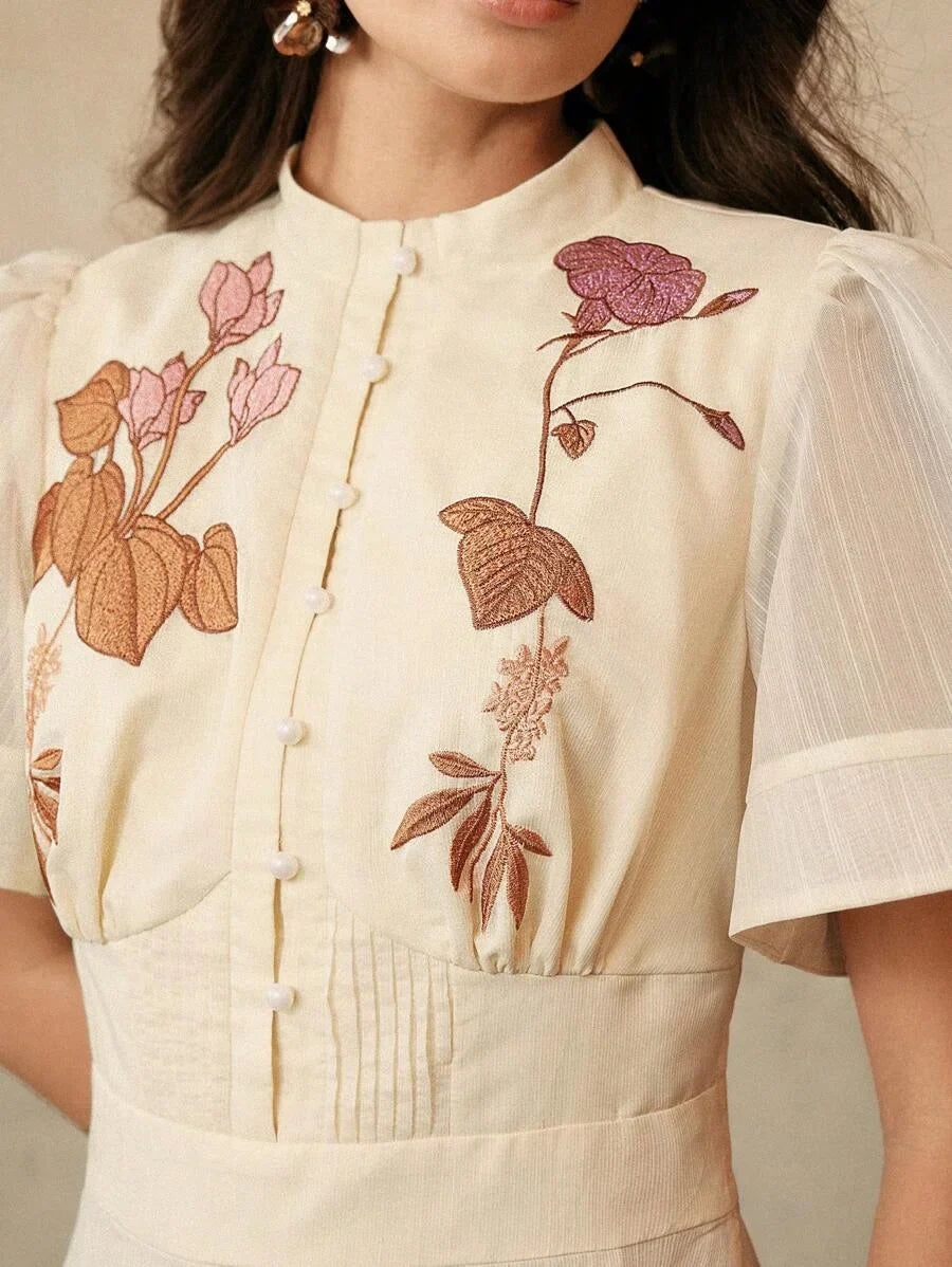 Elegant Womens Floral Embroidered ALine Dress Apricot Color Suitable For Banquet Date Festival