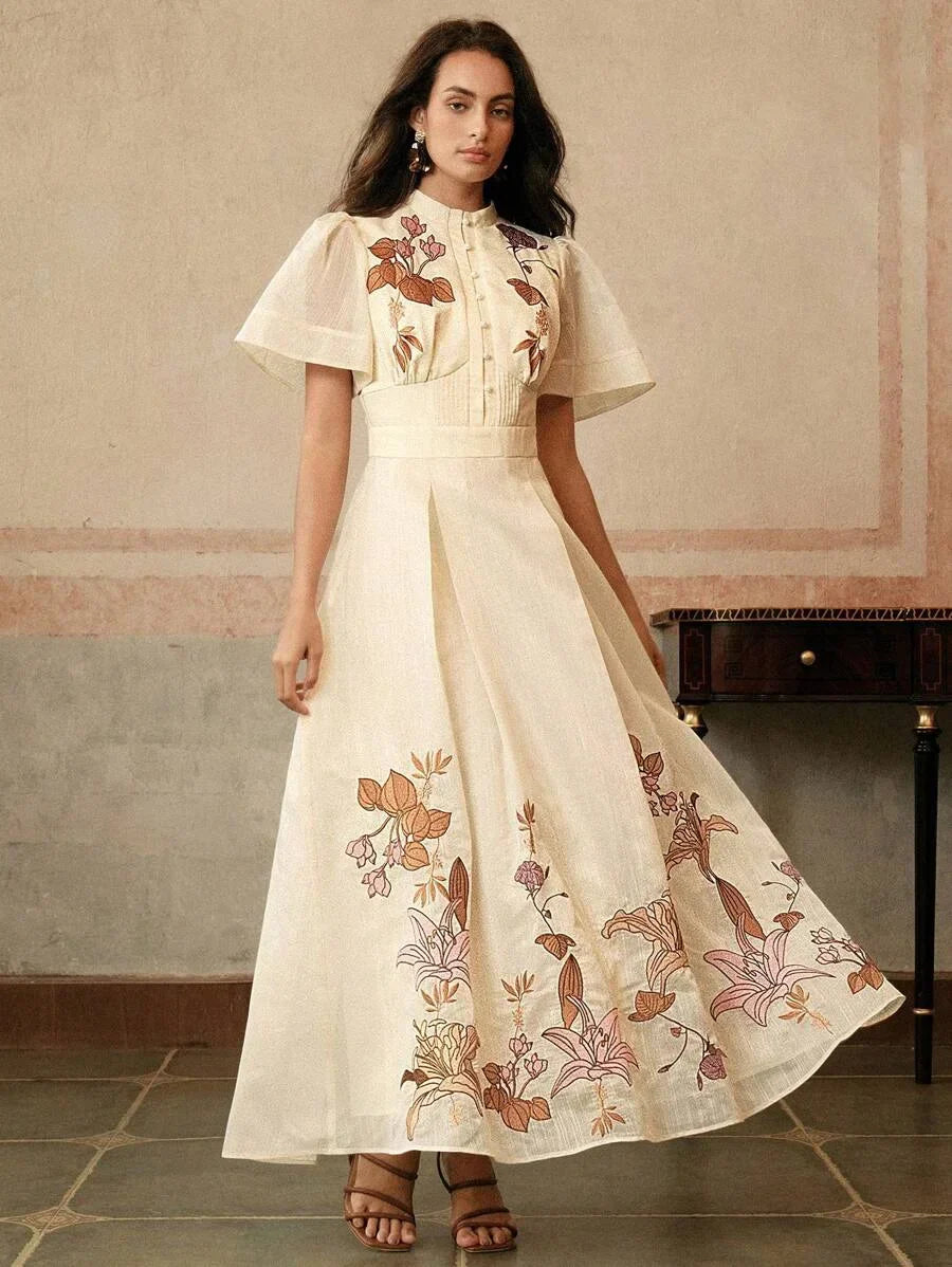 Elegant Womens Floral Embroidered ALine Dress Apricot Color Suitable For Banquet Date Festival