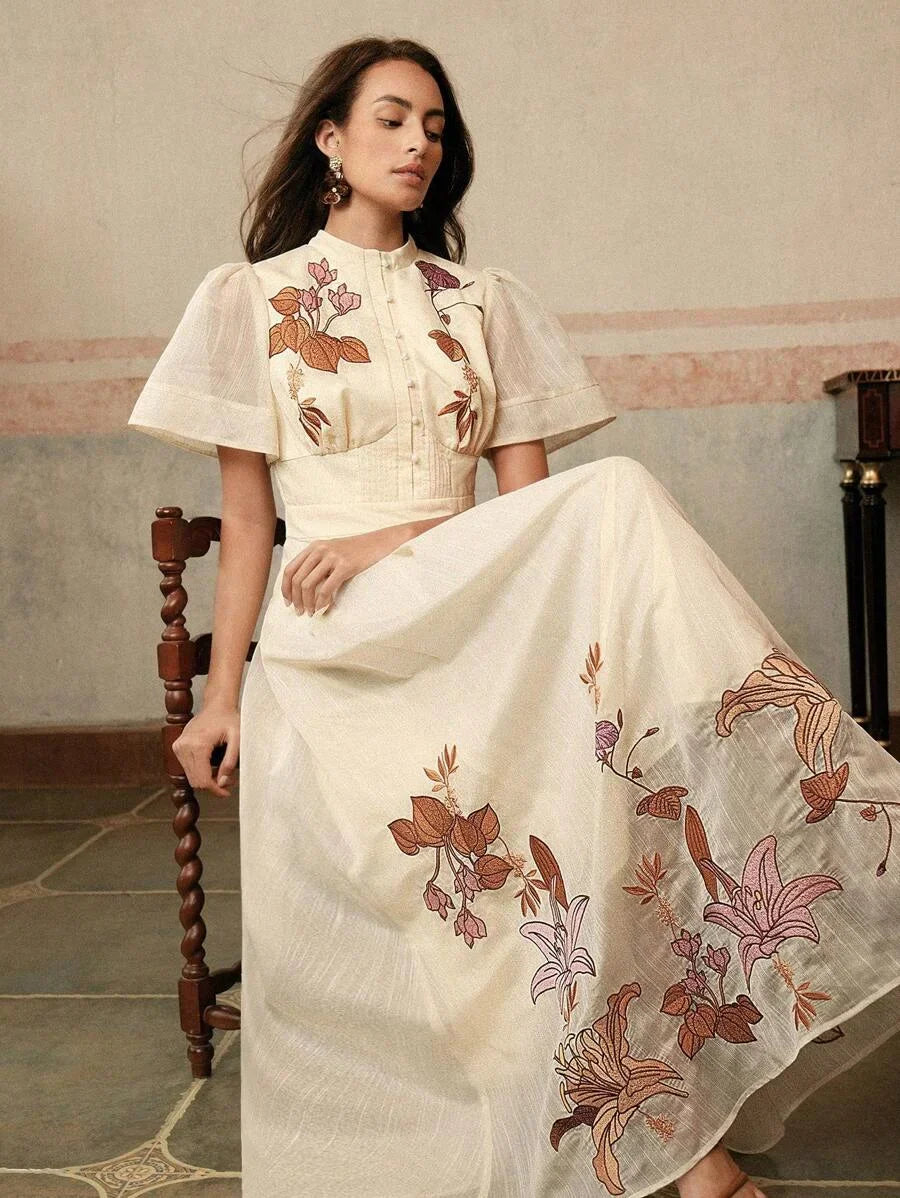 Elegant Womens Floral Embroidered ALine Dress Apricot Color Suitable For Banquet Date Festival