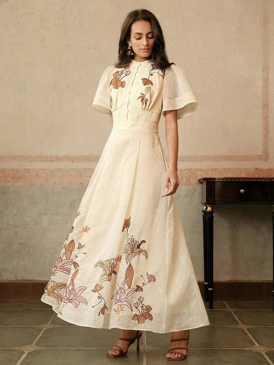 Elegant Womens Floral Embroidered ALine Dress Apricot Color Suitable For Banquet Date Festival