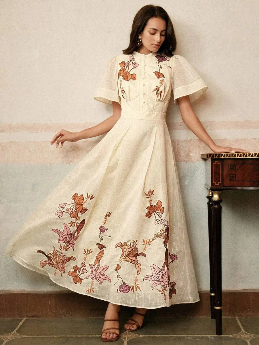 Elegant Womens Floral Embroidered ALine Dress Apricot Color Suitable For Banquet Date Festival
