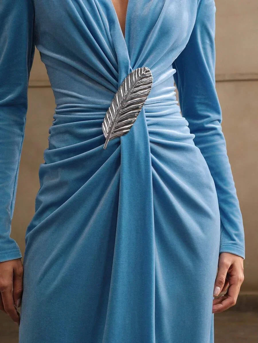 Elegant Womens Velvet MidCalf Dress In Blue Maxi Women Outfit