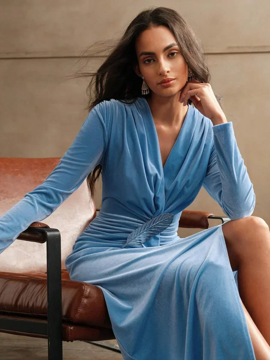 Elegant Womens Velvet MidCalf Dress In Blue Maxi Women Outfit