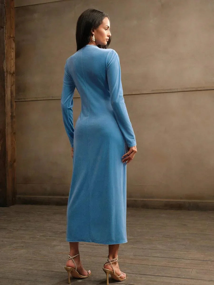 Elegant Womens Velvet MidCalf Dress In Blue Maxi Women Outfit