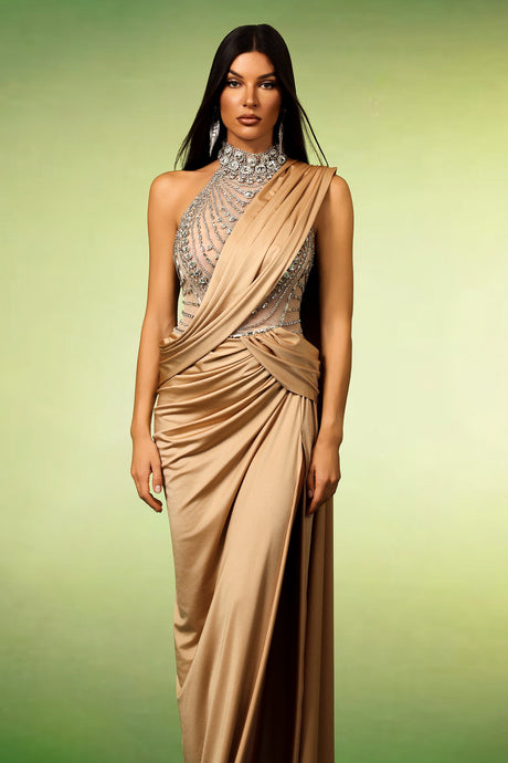 Elena Beige Halter Maxi Dress with Diamond Detailing
