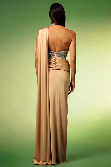 Elena Beige Halter Maxi Dress with Diamond Detailing