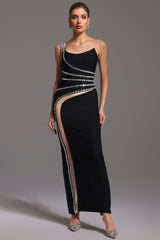 Elena Black Diamond Detail Asymmetrical Neckline Thigh-High Slit Dress