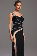 Elena Black Diamond Detail Asymmetrical Neckline Thigh-High Slit Formal Dress