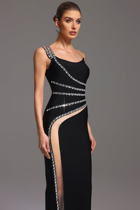 Elena Black Diamond Detail Asymmetrical Neckline Thigh-High Slit Formal Dress