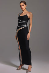 Elena Black Diamond Detail Thigh Slit Evening Dress