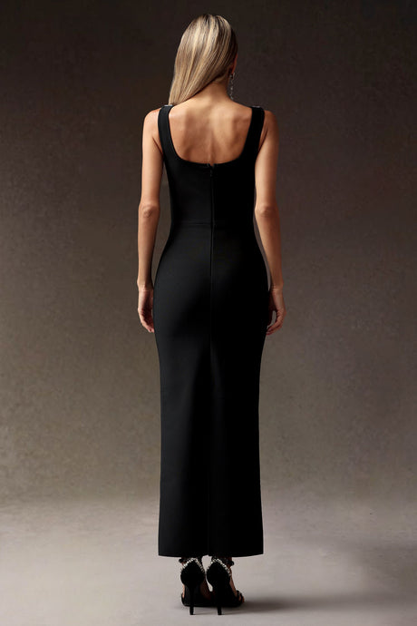 Elena Black Embellished Square Neckline Dress