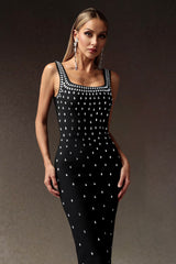 Elena Black Embellished Square Neckline Dress