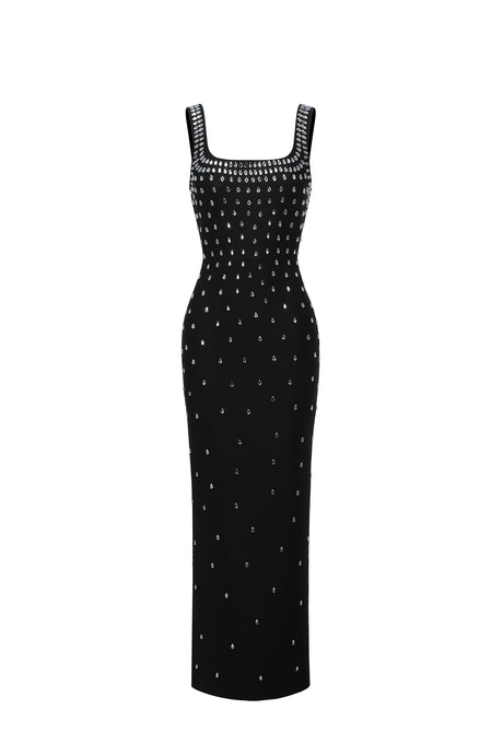 Elena Black Embellished Square Neckline Dress