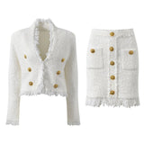 Elena Blazer & Skirt Set - Fringed Edges - Double - Breasted Design - Tailored Fit - Button Details - Versatile Style
