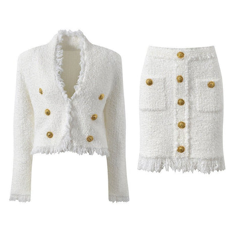 Elena Blazer & Skirt Set - Fringed Edges - Double - Breasted Design - Tailored Fit - Button Details - Versatile Style