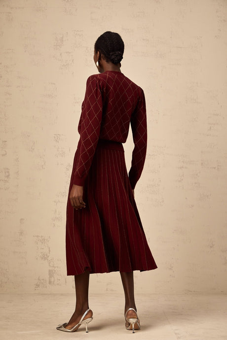 Elena Cardigan & Skirt - V - Neck Design - Argyle Intarsia Knit - Crystal Embellishment - Decorative Button Detailing