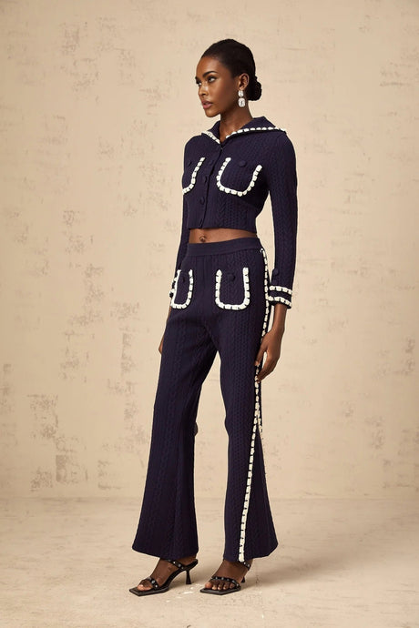 Elena Cardigan & Trousers Set Chunky Crochet Sailor Collar Blue White