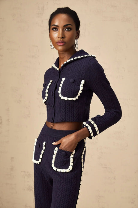Elena Cardigan & Trousers Set Chunky Crochet Sailor Collar Blue White