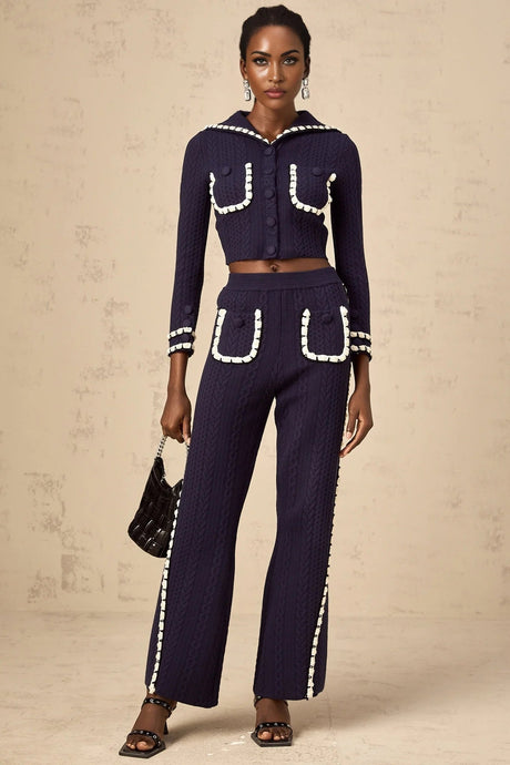 Elena Cardigan & Trousers Set Chunky Crochet Sailor Collar Blue White