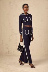 Elena Cardigan & Trousers Set Chunky Crochet Sailor Collar Blue White