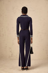 Elena Cardigan & Trousers Set Chunky Crochet Sailor Collar Blue White