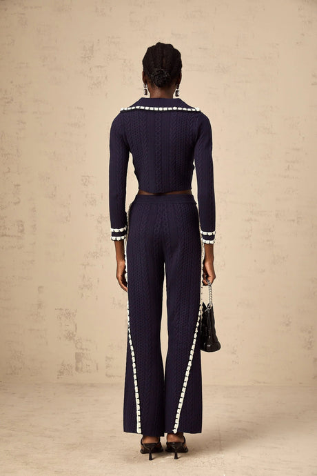 Elena Cardigan & Trousers Set Chunky Crochet Sailor Collar Blue White