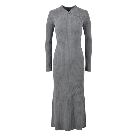 Elena Dress - Form - Fitting Silhouette - High Neckline Design - Ribbed Knit Fabric - Decorative Knots at Neckline