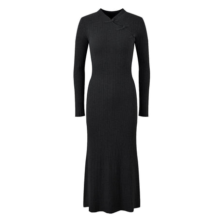 Elena Dress - Form - Fitting Silhouette - High Neckline Design - Ribbed Knit Fabric - Decorative Knots at Neckline