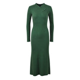 Elena Dress - Form - Fitting Silhouette - High Neckline Design - Ribbed Knit Fabric - Decorative Knots at Neckline