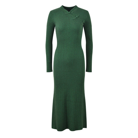 Elena Dress - Form - Fitting Silhouette - High Neckline Design - Ribbed Knit Fabric - Decorative Knots at Neckline