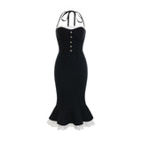 Elena Dress - halter neck Sleeveless Bustier Lace - Trim Mermaid Midi
