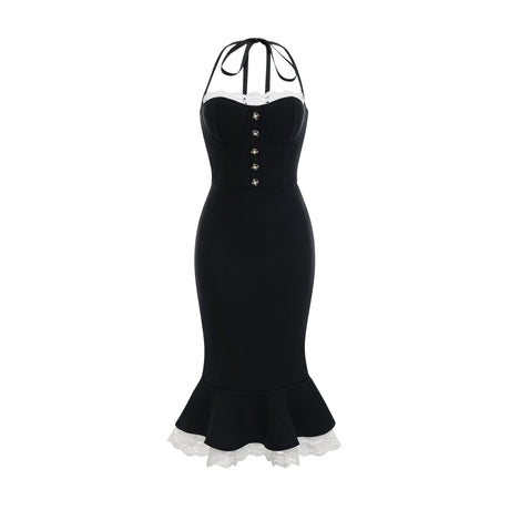 Elena Dress - halter neck Sleeveless Bustier Lace - Trim Mermaid Midi