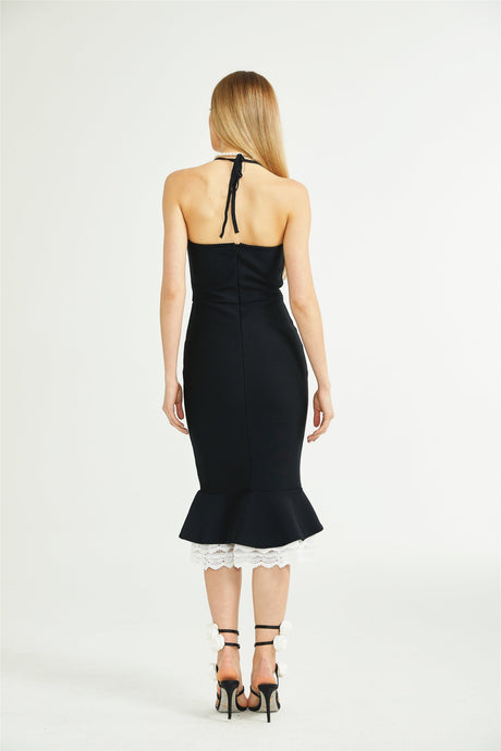 Elena Dress - halter neck Sleeveless Bustier Lace - Trim Mermaid Midi