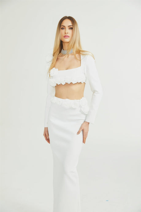 Elena Faux - Flower Detailed Cropped Top - Ankle - Length Skirt Set
