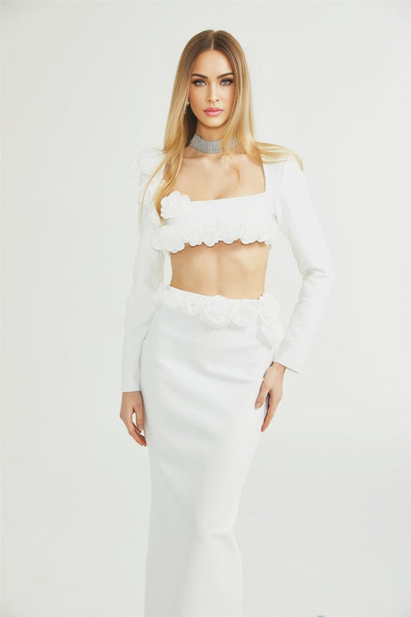 Elena Faux - Flower Detailed Cropped Top - Ankle - Length Skirt Set