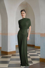 Elena Maxi Dress - Sleeveless with Crew Neck - Asymmetric Design - Pleated and Draped Detailing