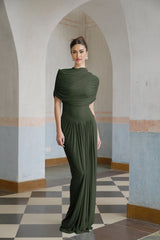 Elena Maxi Dress - Sleeveless with Crew Neck - Asymmetric Design - Pleated and Draped Detailing