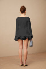 Elena Mini Dress - Bateau Neck Design - Long Sleeves - Cinched Waist - Bubble Skirt