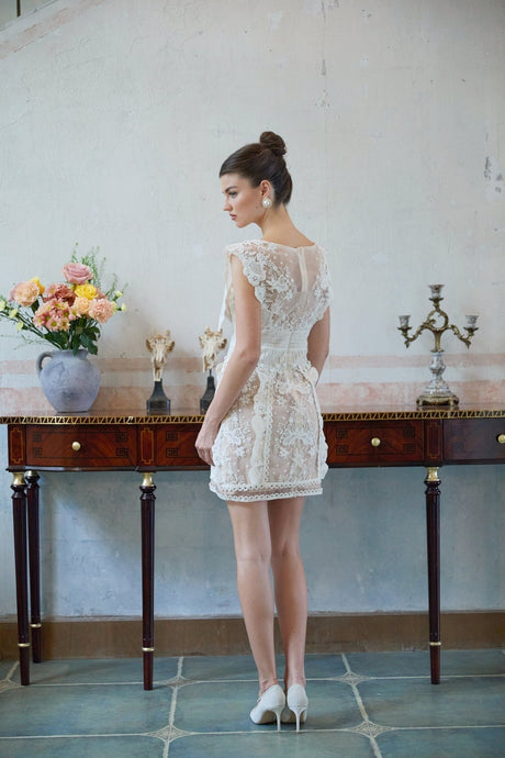 Elena Mini Dress - Tulle - Bateau Neck - Floral Lace Embellishments - Thigh Length