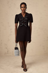 Elena Mini Dress - V - neck - A - line Silhouette - Bow and Stud Embellishments - Cut - out Design